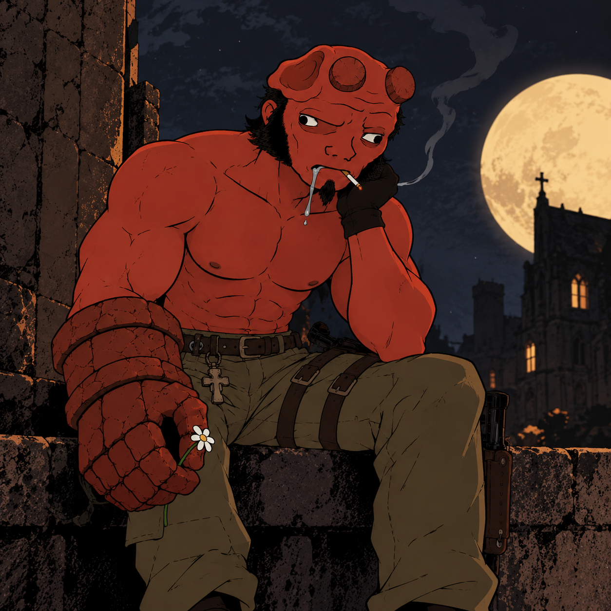 HellJak sitting under the moon in a ruined city