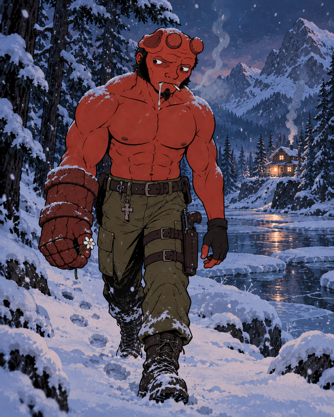 HellJak walking through a snowy mountain forest