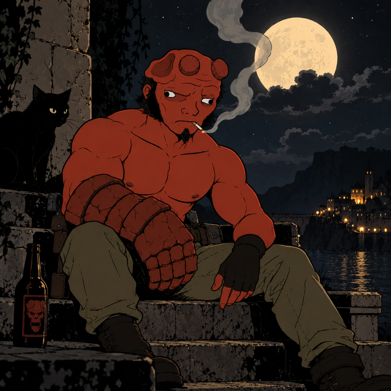HellJak with a black cat overlooking a moonlit city